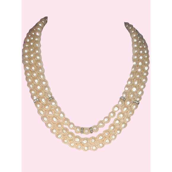 Vintage Triple Strand Faux Champagne Gradient Pearl Rhinestone 16" Necklace - Picture 2 of 3